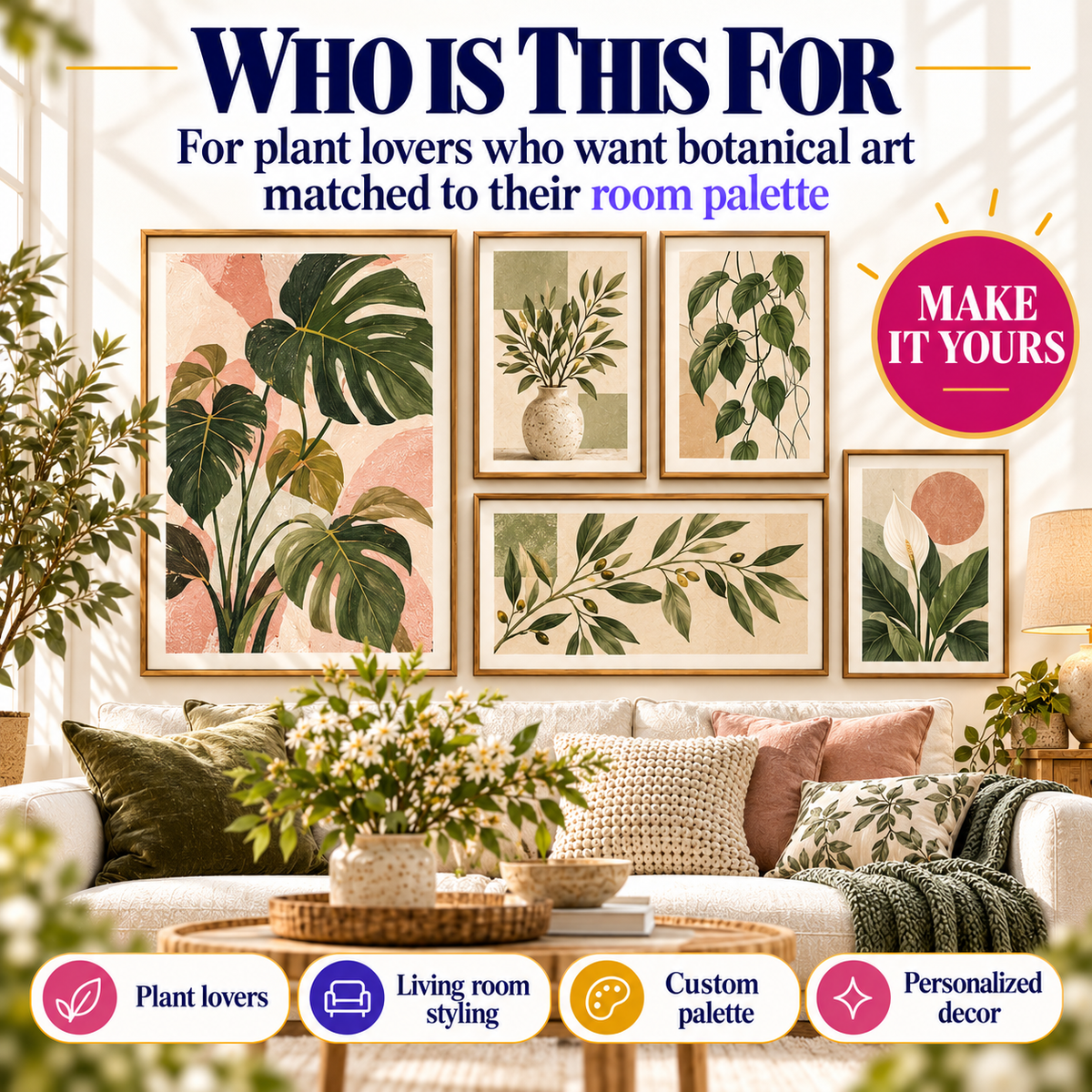 AI botanical wall art prompt pack for plant lovers who want personalized living room plant art matched to their room palette