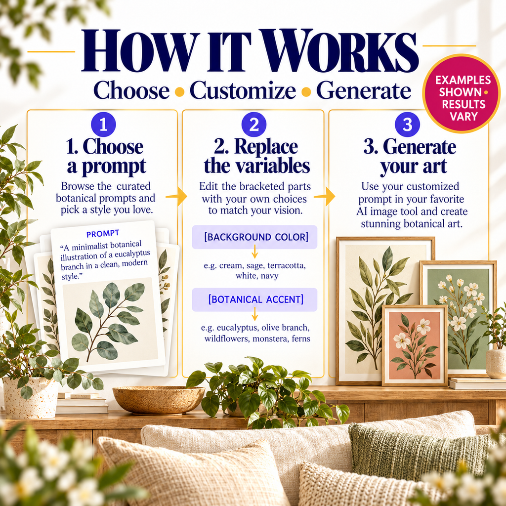 How AI Botanical Wall Art Prompts works by choosing a prompt, replacing background color and botanical accent, then generating art