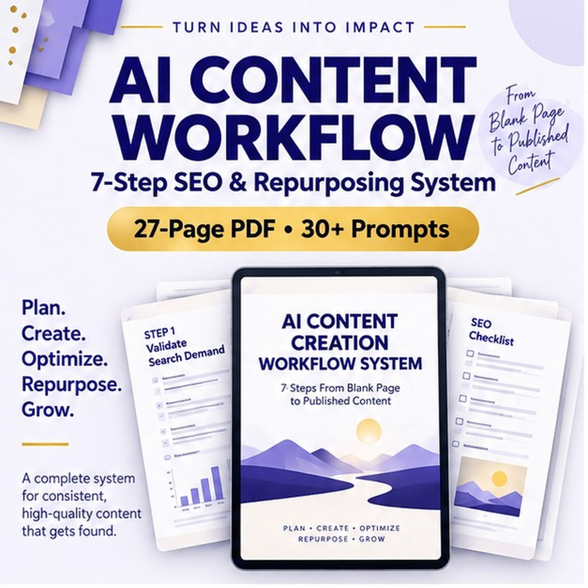 AI content creation workflow system PDF with 7-step SEO and repurposing process