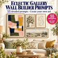 AI gallery wall prompts pack showing eclectic living room art examples and a five-frame gallery wall