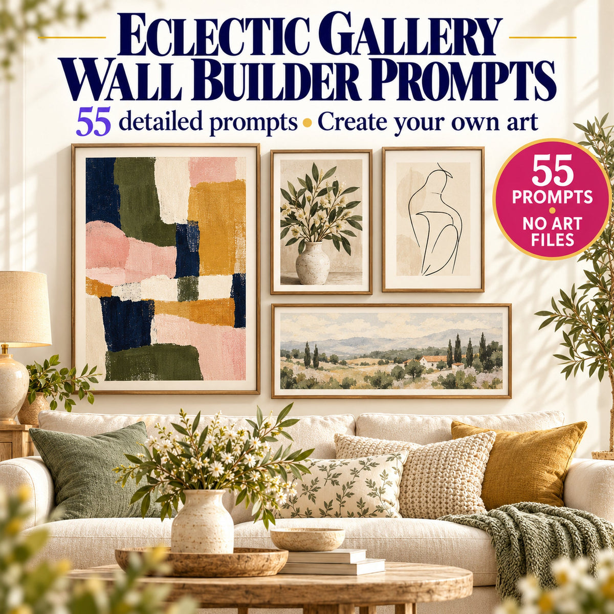 AI gallery wall prompts pack showing eclectic living room art examples and a five-frame gallery wall