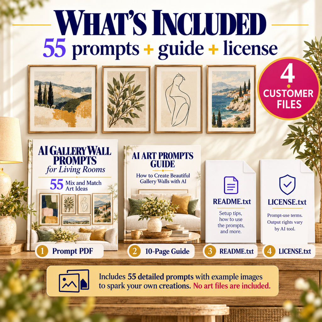 Eclectic Gallery Wall Builder digital download includes 55 art prompts, guide PDF, README and license text