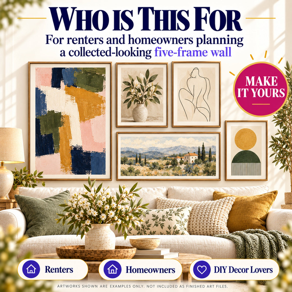 Living room preview using eclectic gallery wall builder AI image prompts for renters, homeowners and DIY decor lovers