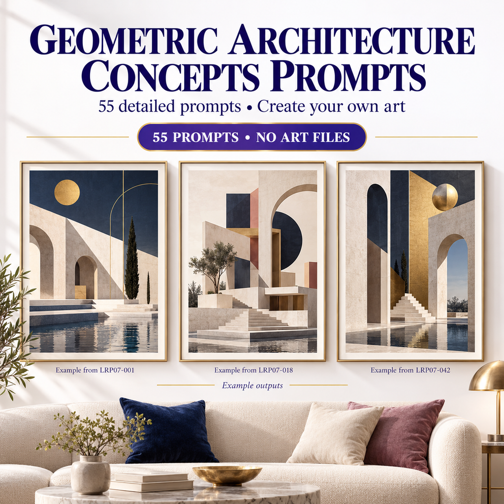 AI Geometric Wall Art Prompts hero showing geometric architecture concept examples for modern and loft living room art