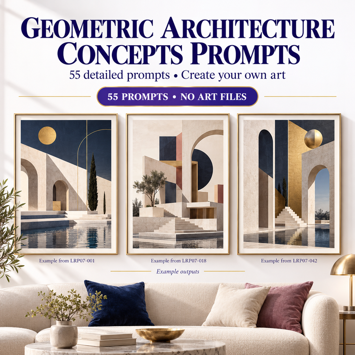 AI Geometric Wall Art Prompts hero showing geometric architecture concept examples for modern and loft living room art