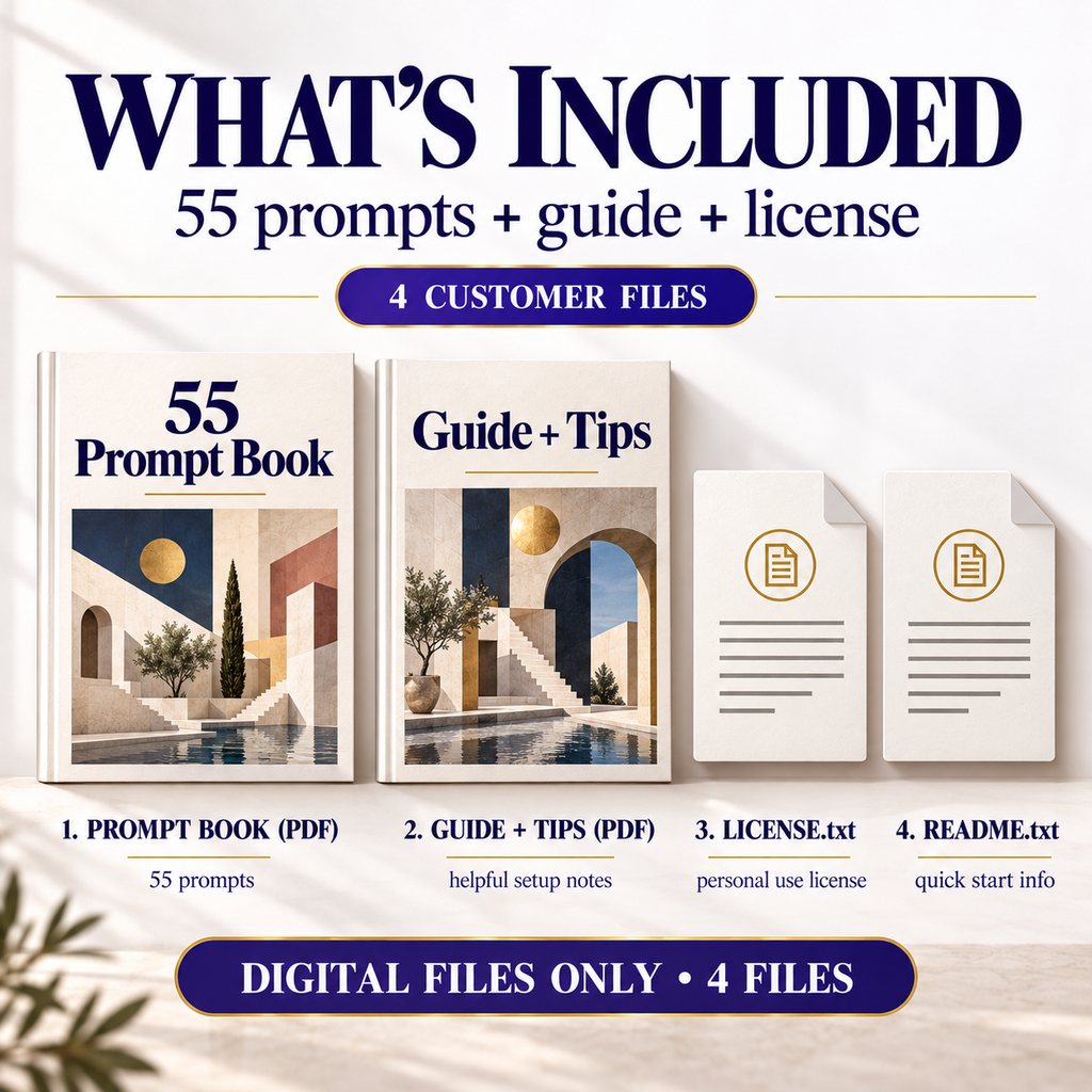 What is included in AI Geometric Wall Art Prompts: 55-prompt PDF, 10-page guide, README and license
