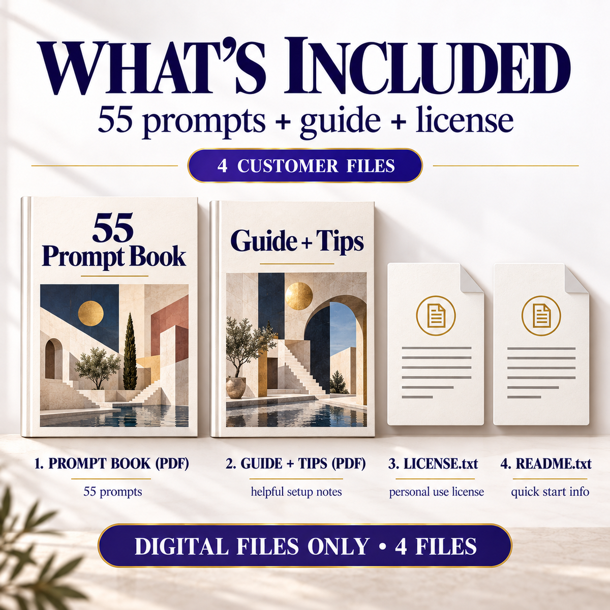 What is included in AI Geometric Wall Art Prompts: 55-prompt PDF, 10-page guide, README and license