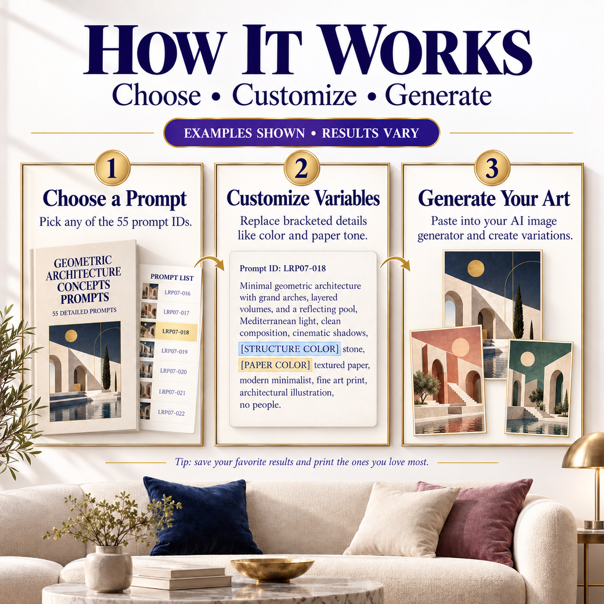 How AI Geometric Wall Art Prompts works by choosing a prompt replacing structure color and paper color then generating art