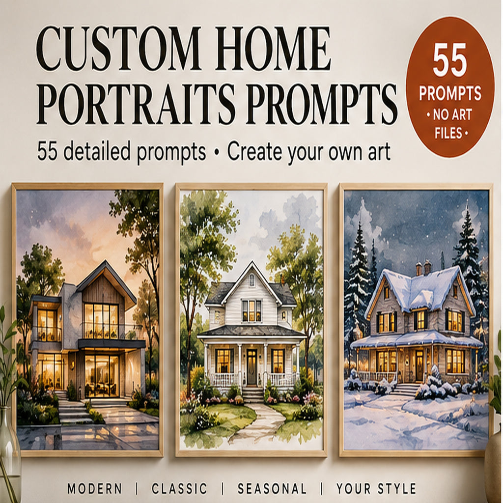 AI prompt pack for custom home portraits showing three example living room art designs