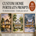 AI prompt pack for custom home portraits showing three example living room art designs