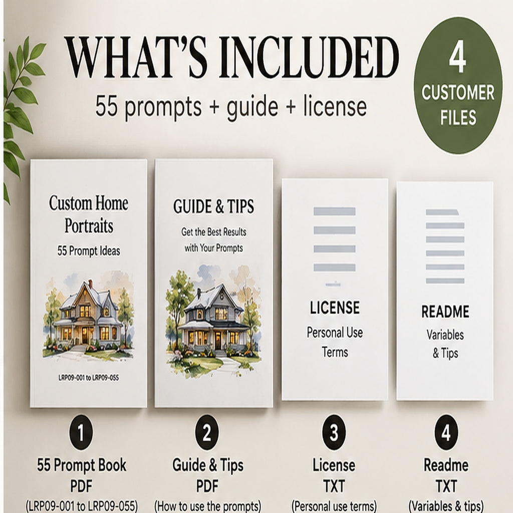 Custom Home Portraits digital download includes 55 art prompts, guide PDF and license text