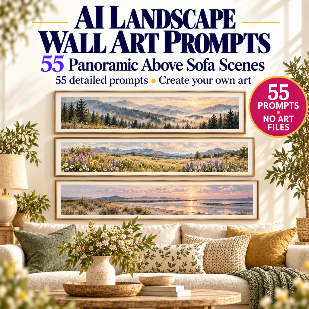 AI Landscape Wall Art Prompts product hero showing 55 panoramic above sofa scene prompts with three wide landscape examples