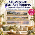 AI Landscape Wall Art Prompts product hero showing 55 panoramic above sofa scene prompts with three wide landscape examples