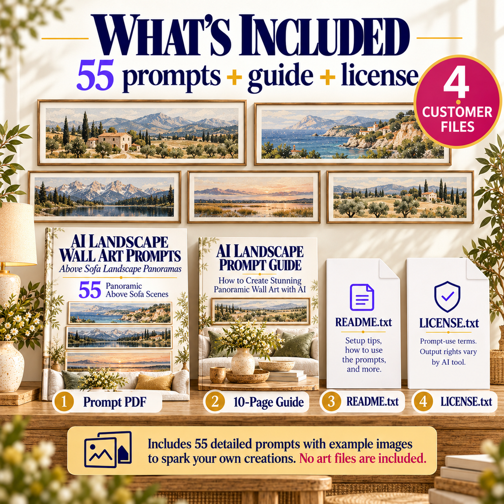 AI Landscape Wall Art Prompts download includes 55-prompt PDF, 10-page guide, README and license