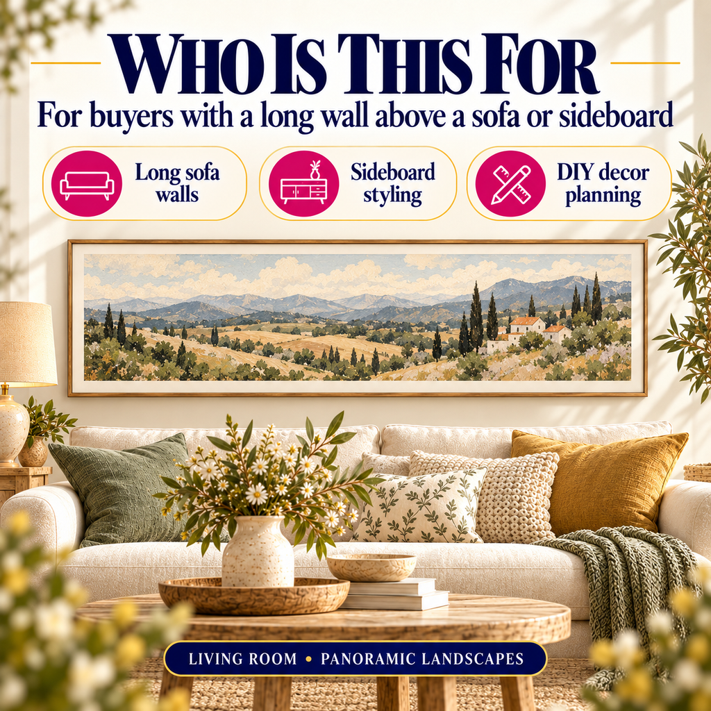 AI landscape wall art prompt pack for long sofa walls, sideboard styling and DIY living room decor planning