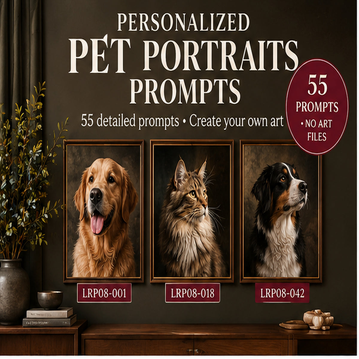 AI prompt pack for personalized pet portraits showing three example living room art designs