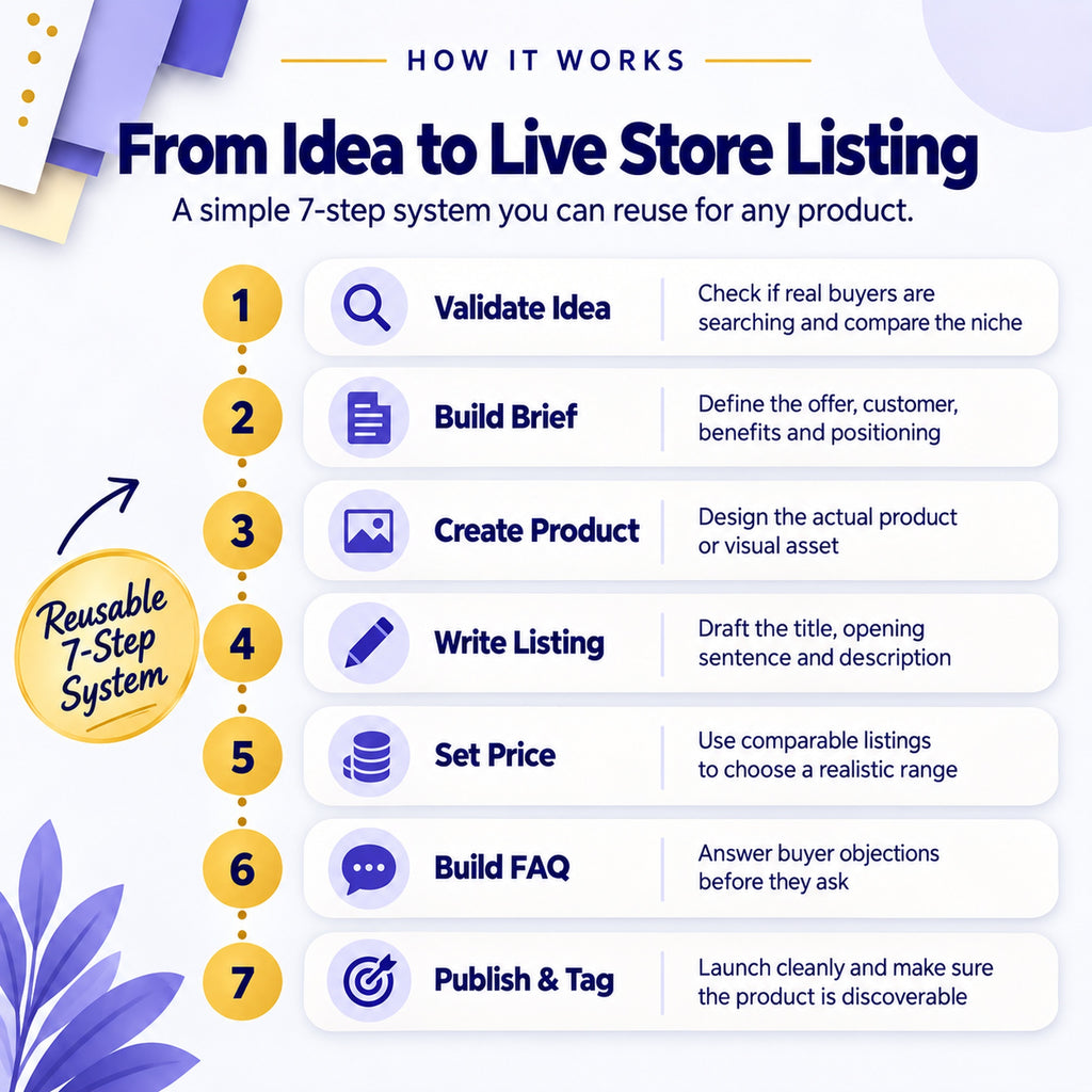 7-step AI product listing workflow from idea validation to live store listing and publishing