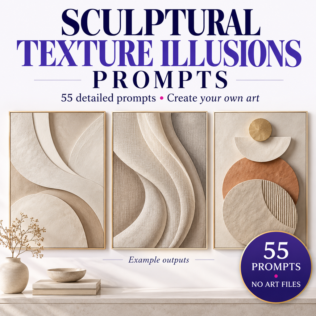 AI Textured Wall Art Prompts hero showing sculptural texture illusion examples for organic modern living room art