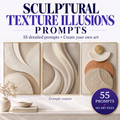 AI Textured Wall Art Prompts hero showing sculptural texture illusion examples for organic modern living room art