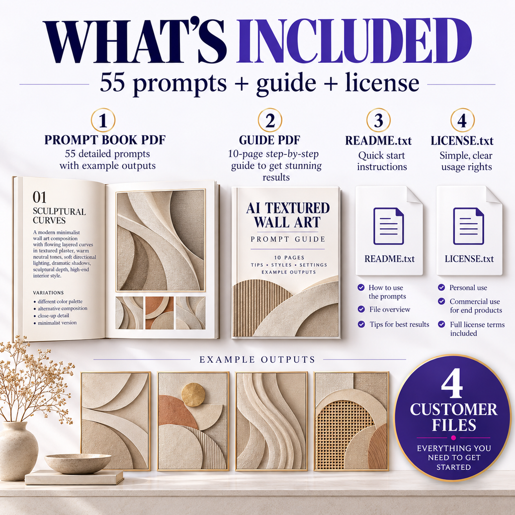 What is included in AI Textured Wall Art Prompts: 55-prompt PDF, 10-page guide, README and license