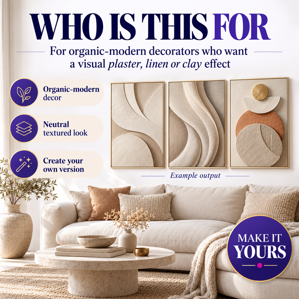 AI Textured Wall Art Prompts for organic modern decorators wanting visual plaster linen or clay effects