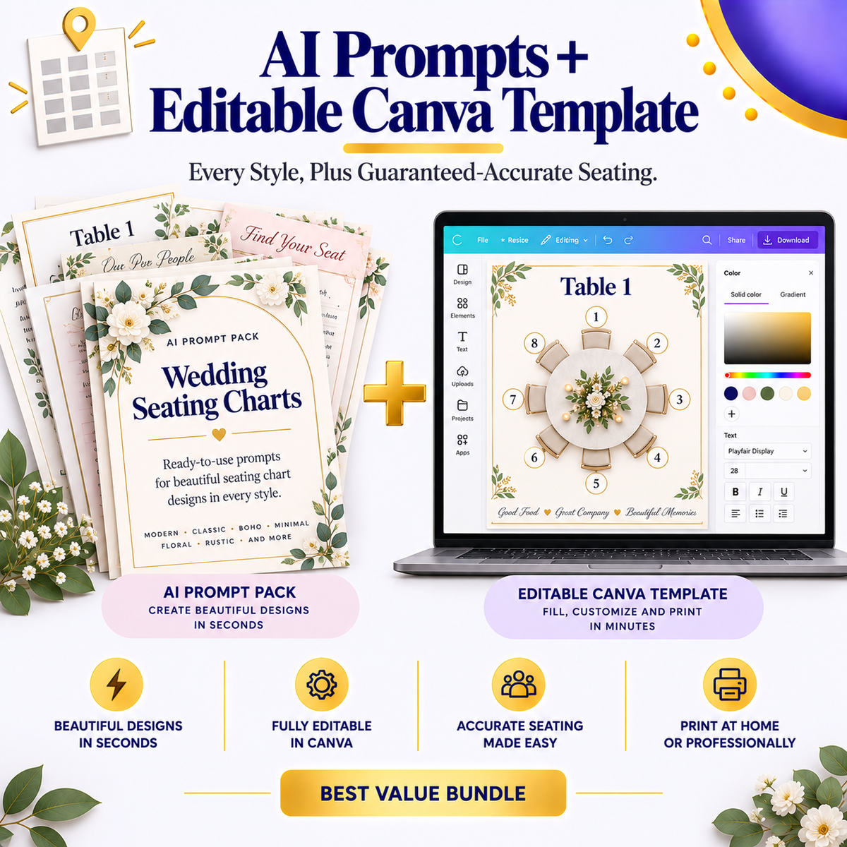 Wedding Seating Chart &amp; Table Plan AI Prompt Pack | 30 Styles &amp; Layouts | Instant Download PDF