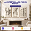 Architectural Line Studies printable living room wall art set of 3 shown above a modern fireplace mantel