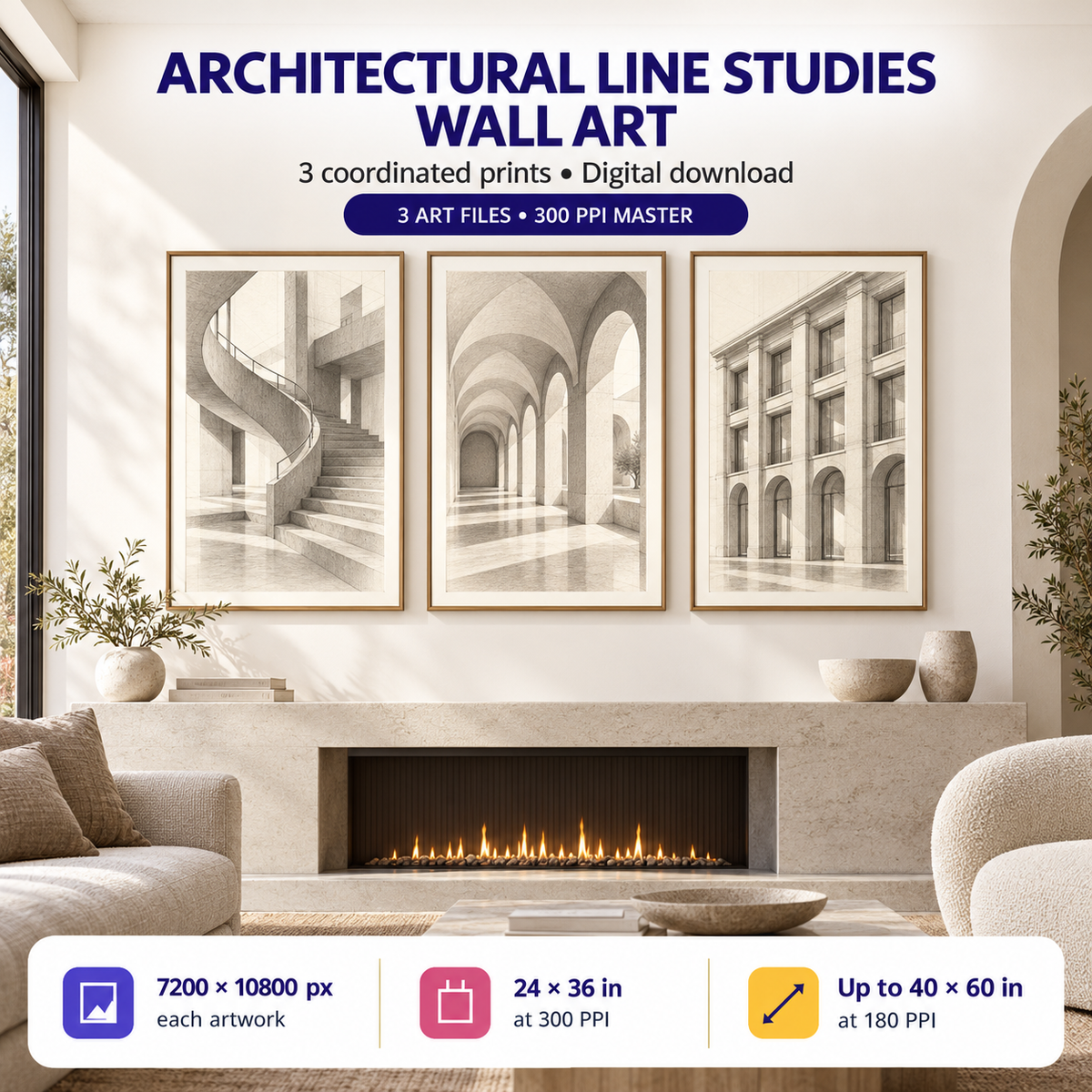 Architectural Line Studies printable living room wall art set of 3 shown above a modern fireplace mantel