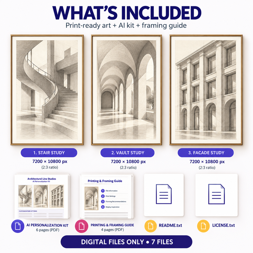 What is included in Architectural Line Studies download: 3 art JPGs, AI kit, framing guide and text instructions