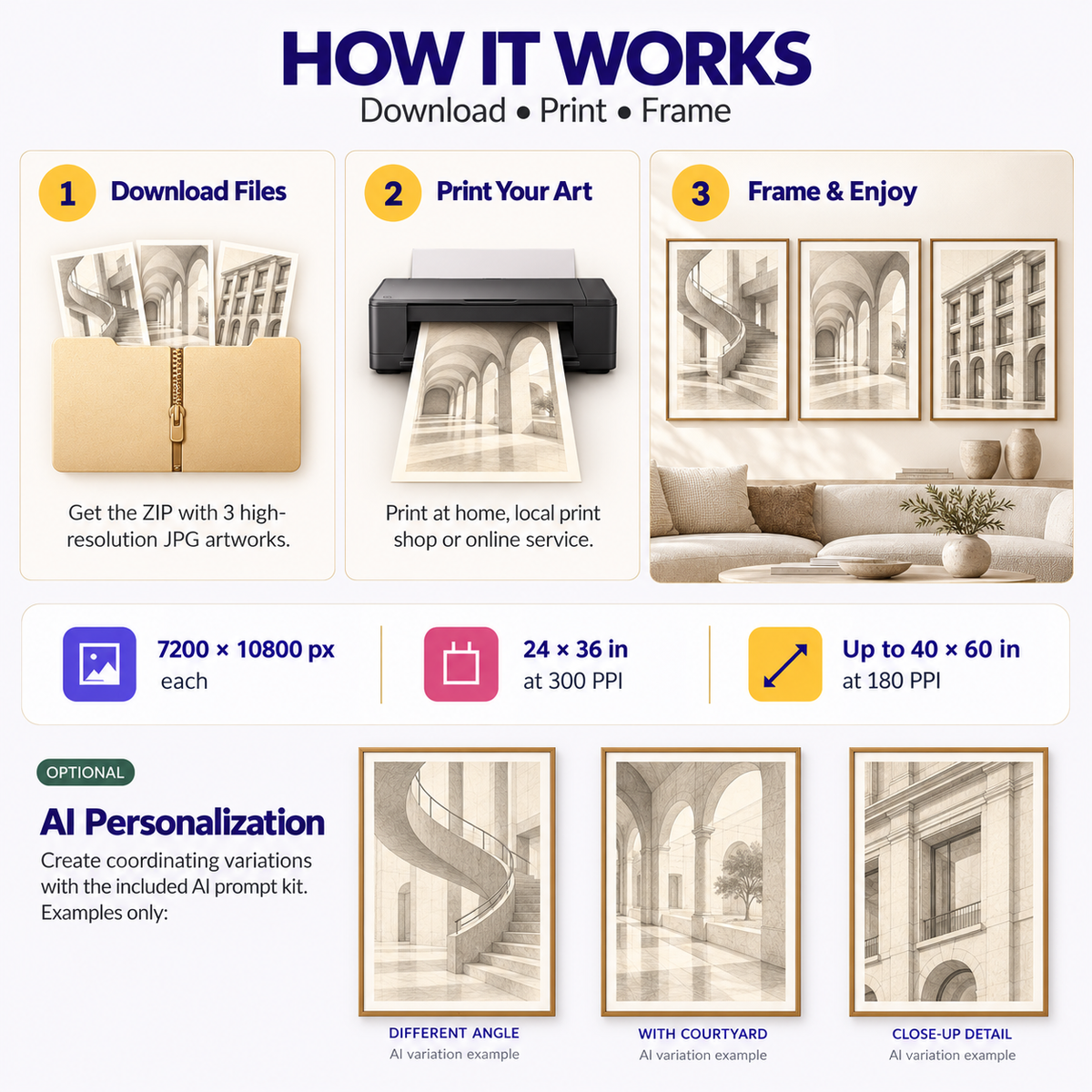 How to download print and frame Architectural Line Studies art in 2:3 portrait at up to 24×36 in