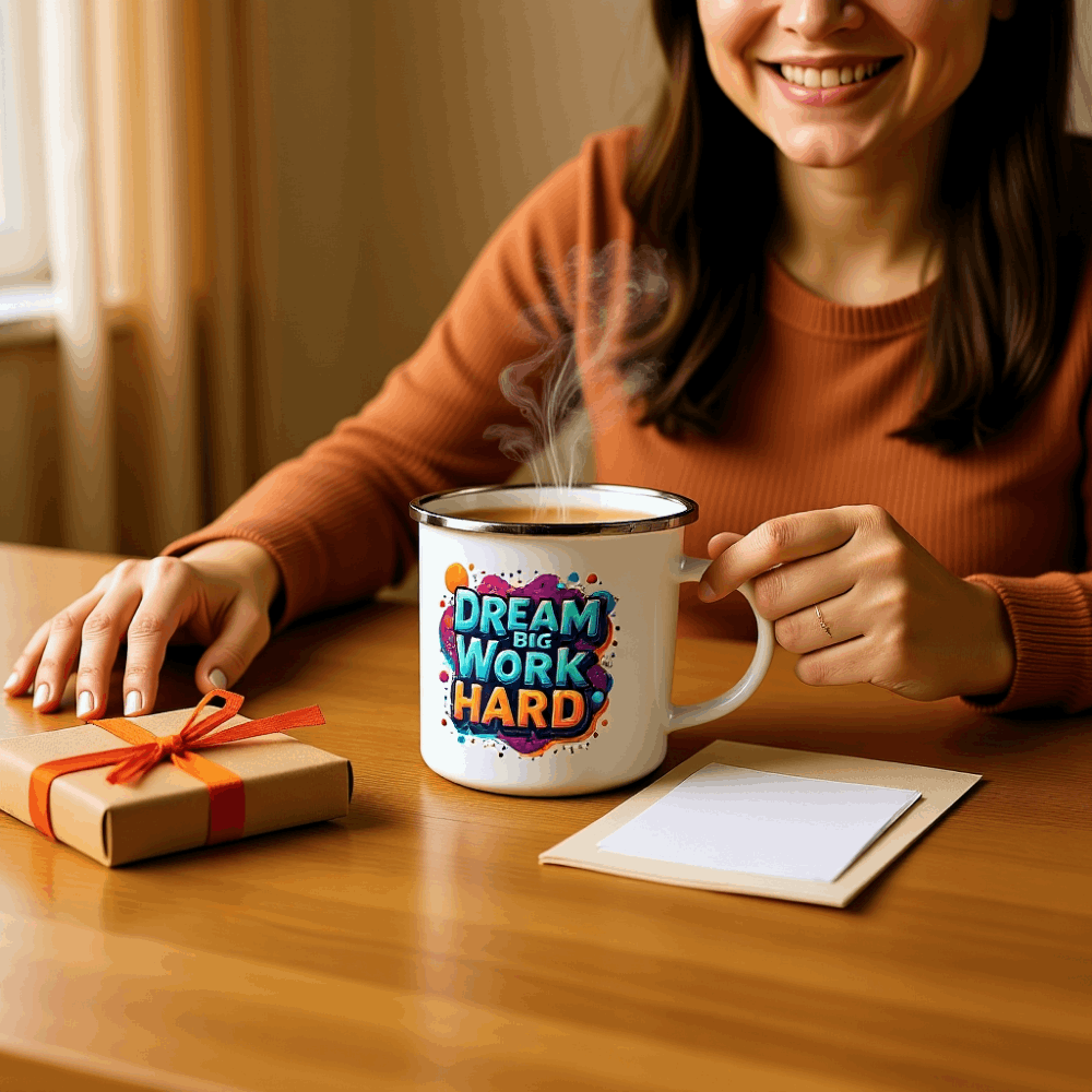 Person holding a mug with 'Dream Big, Work Hard' text, sitting at a table with a gift and card.