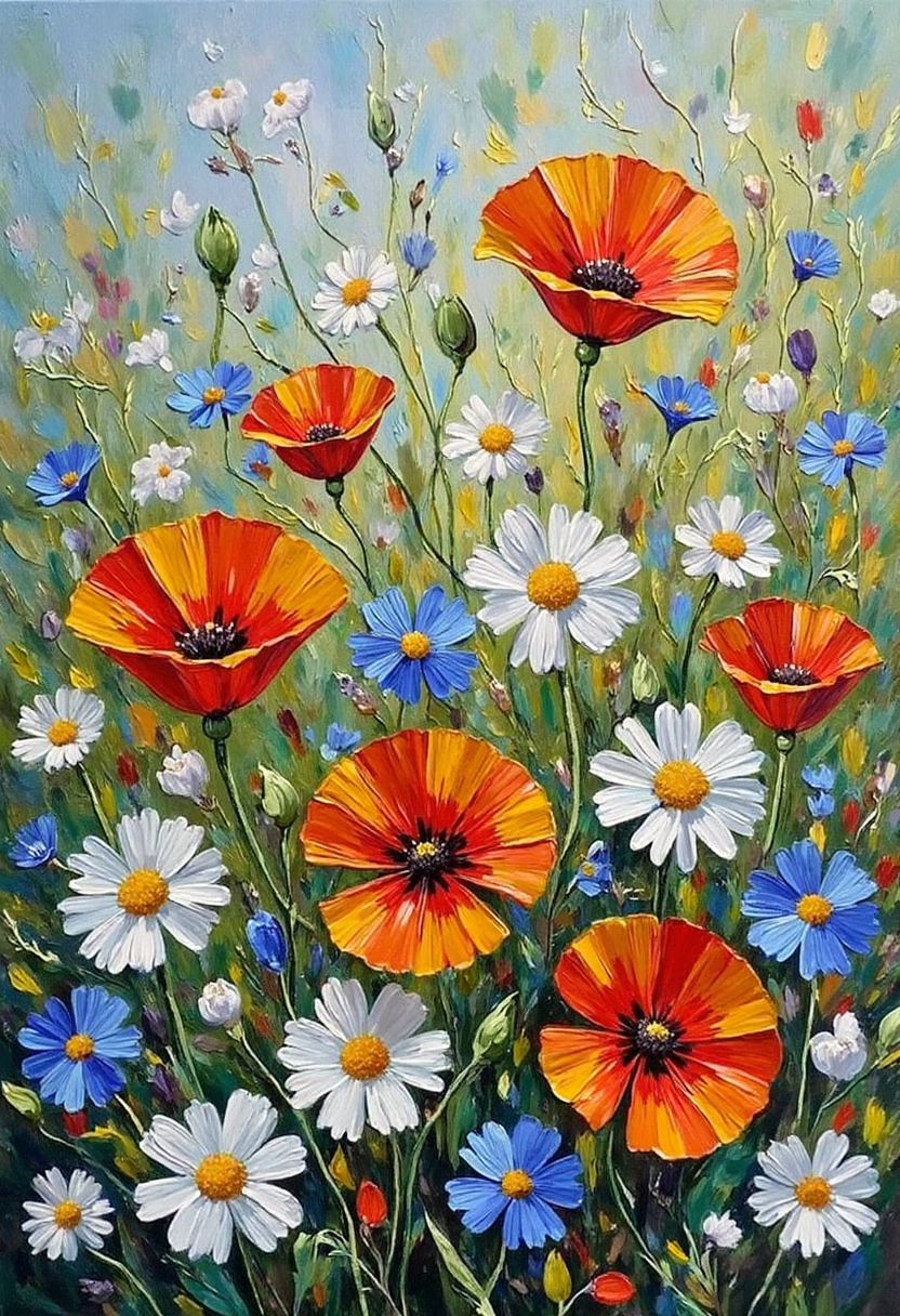 Wildflower Meadow Art Print — Impasto Oil Painting Style — Instant Download — Poppies Daisies Botanical Wall Art 8x10 A4 A3 — Living Room Bedroom Home Decor Gift