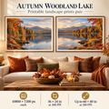 Autumn Woodland Lake printable living room wall art set of 2 shown on a long wall beside a hearth