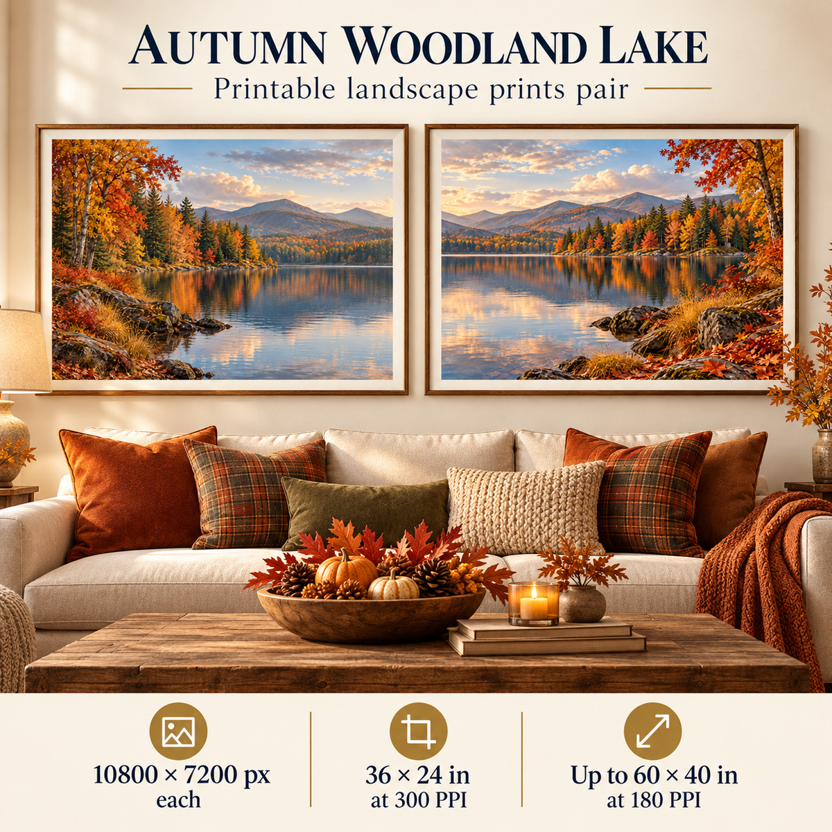 Autumn Woodland Lake printable living room wall art set of 2 shown on a long wall beside a hearth