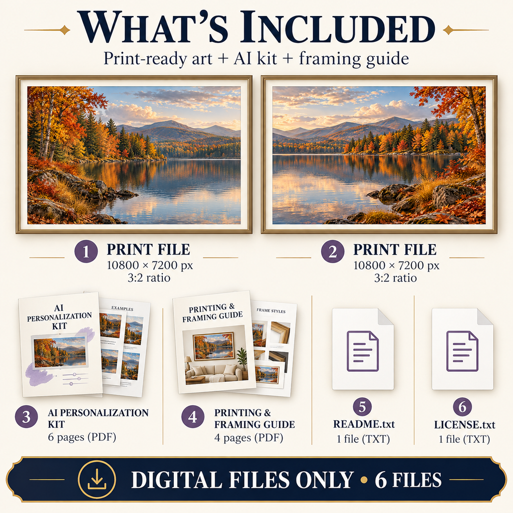 What is included in Autumn Woodland Lake download: 2 art JPGs, AI kit, framing guide and text instructions
