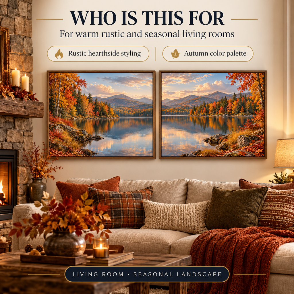 Autumn Woodland Lake printable wall art styled for warm rustic and seasonal living rooms on a long wall beside a hearth