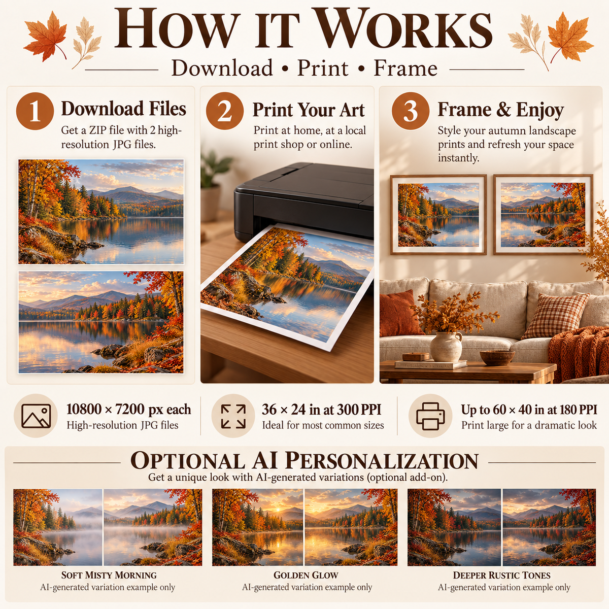 How to download print and frame Autumn Woodland Lake art in 3:2 landscape at up to 36×24 in