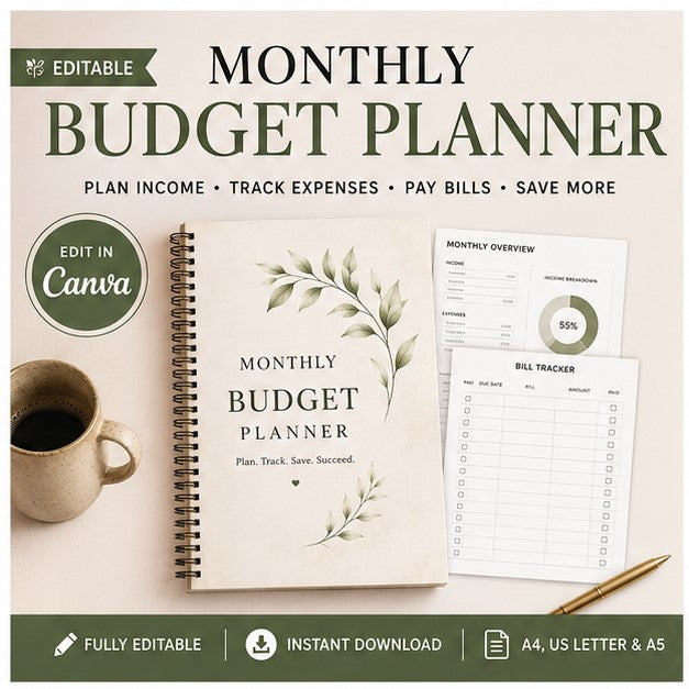 Editable Monthly Budget Planner — Canva Template for Income, Expenses, Bills & Savings