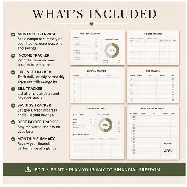 Editable Monthly Budget Planner — Canva Template for Income, Expenses, Bills & Savings