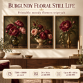 Burgundy Floral Still Life printable living room wall art triptych shown over a walnut living room console