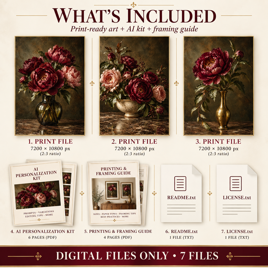What is included in Burgundy Floral Still Life download: 3 print-ready JPGs, AI personalization kit, framing guide, README and license