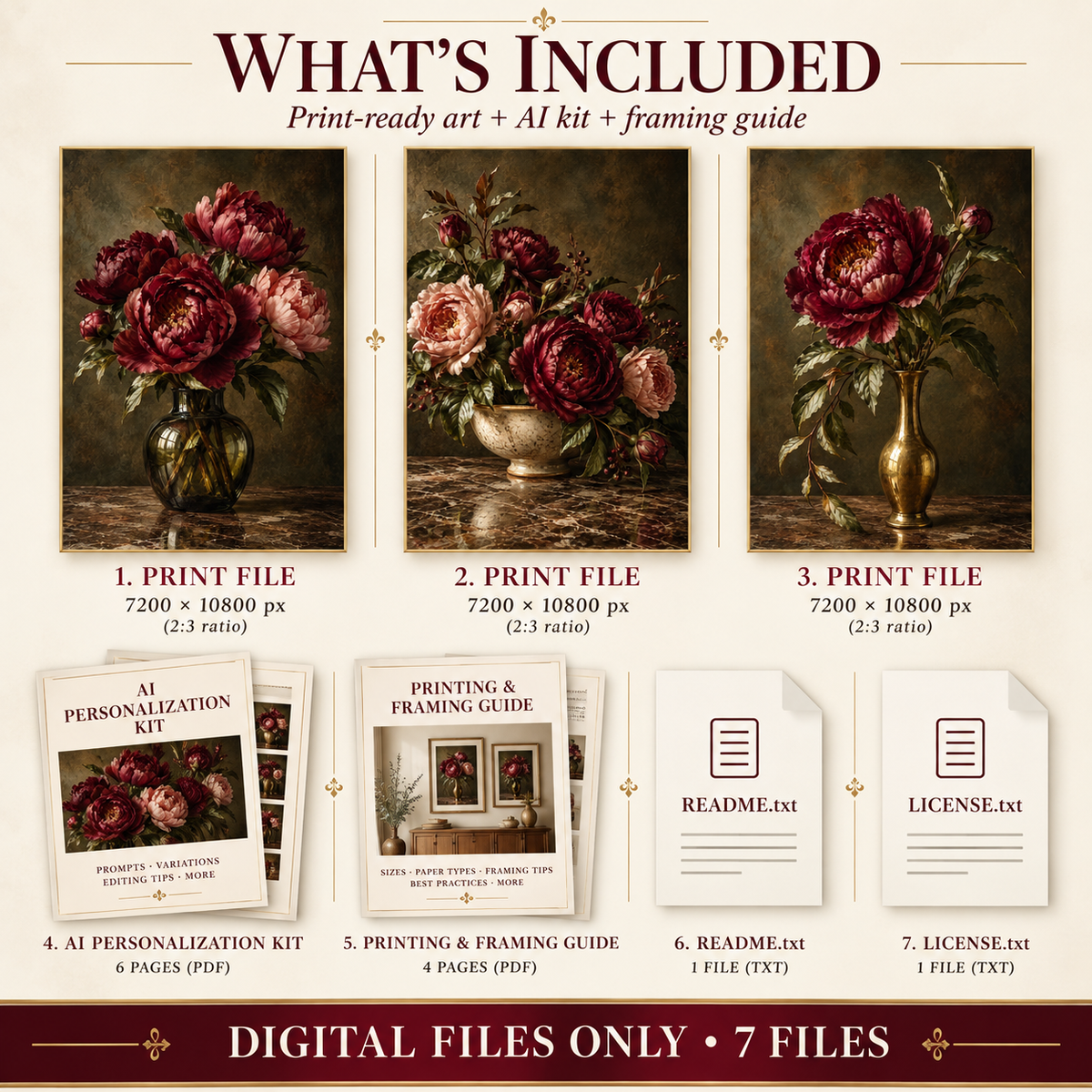 What is included in Burgundy Floral Still Life download: 3 print-ready JPGs, AI personalization kit, framing guide, README and license
