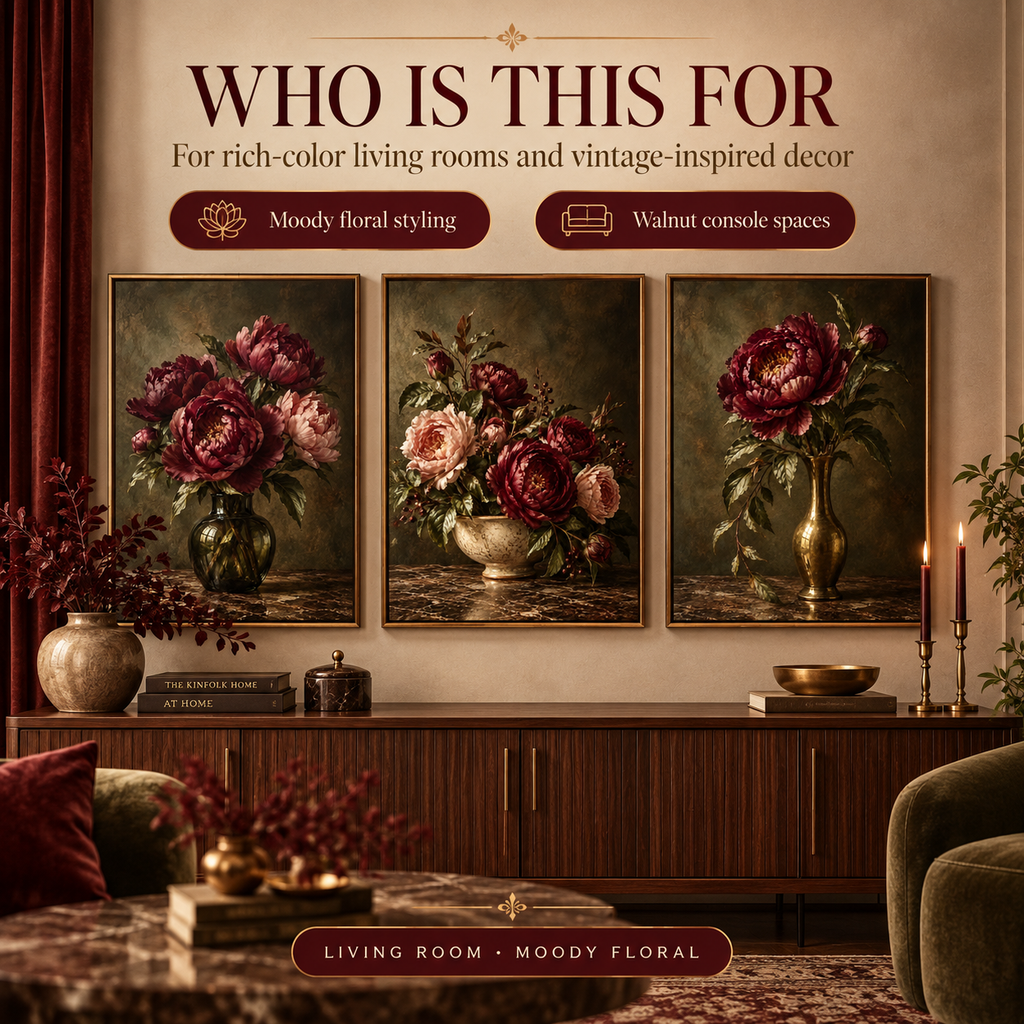 Burgundy Floral Still Life printable wall art styled for rich-color and vintage-inspired living rooms over a walnut console