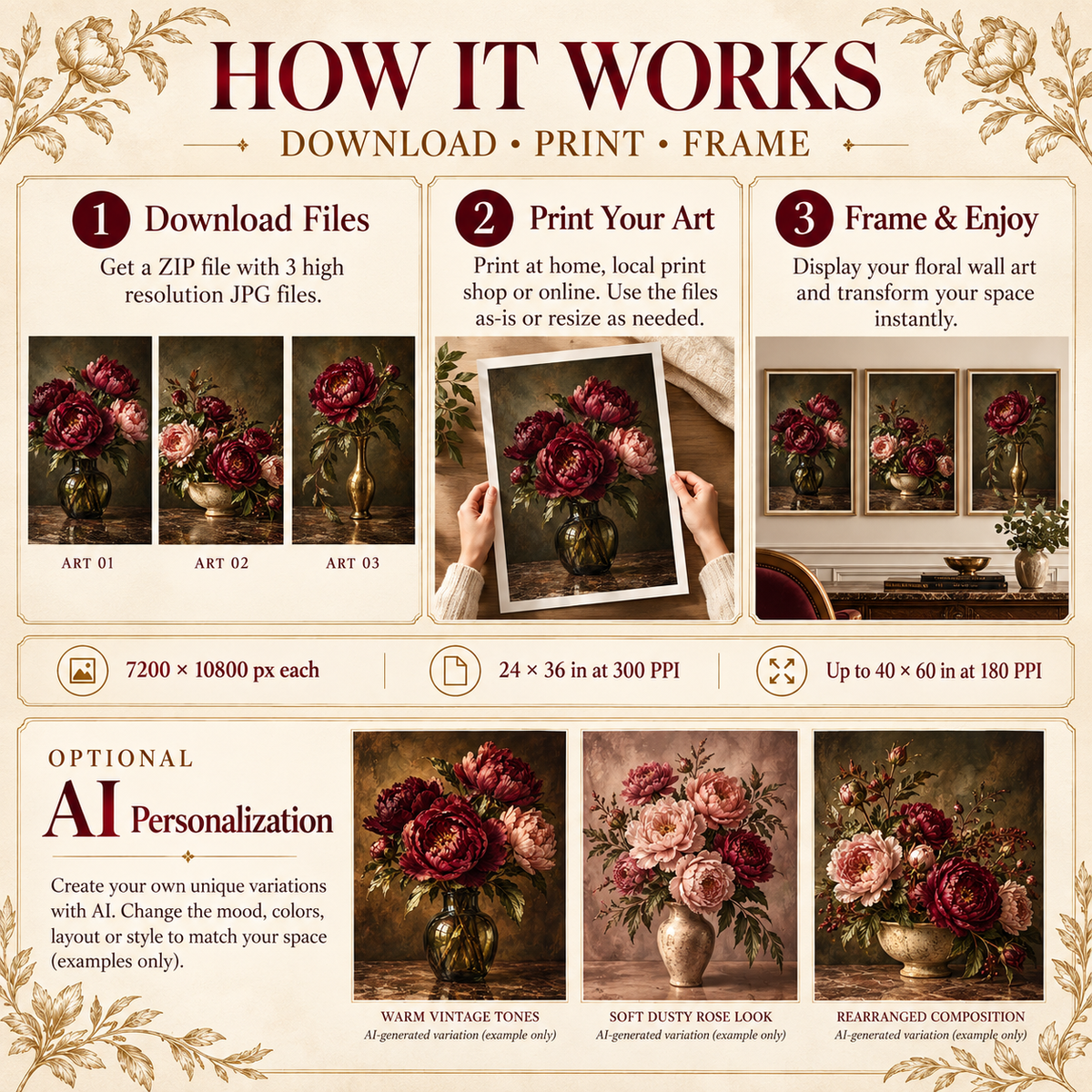 How to download print and frame Burgundy Floral Still Life triptych in 2:3 portrait with 24 by 36 inch 300 PPI masters