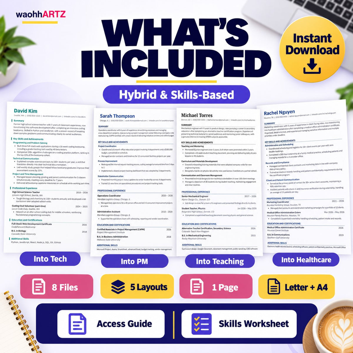 Four career change resume layouts into tech project management teaching healthcare