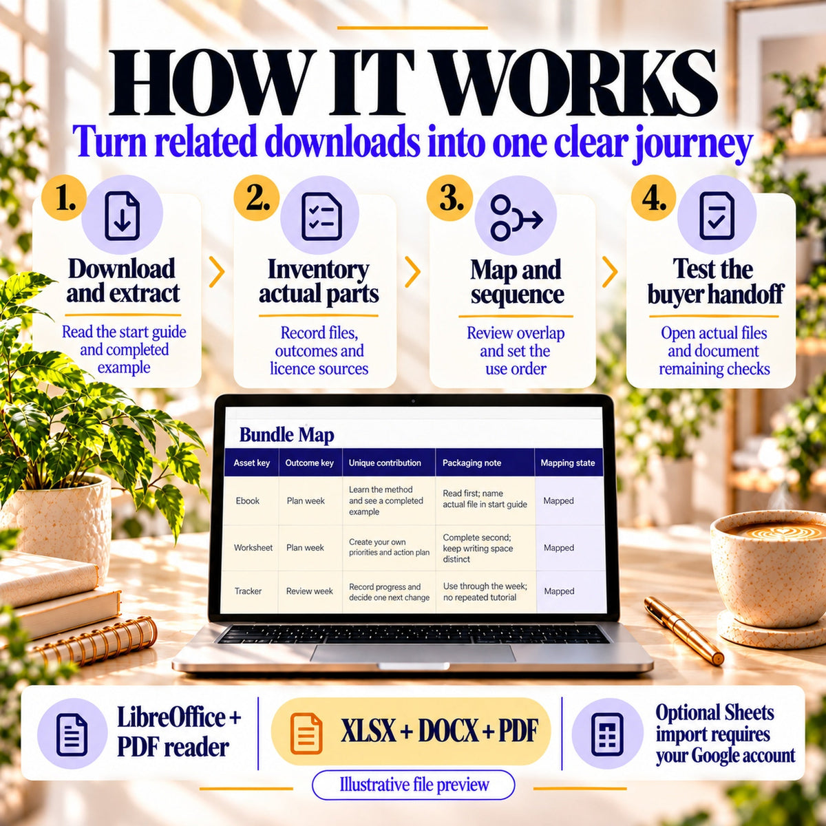 Download, inventory actual parts, map and sequence, then test the buyer handoff with LibreOffice and a PDF reader