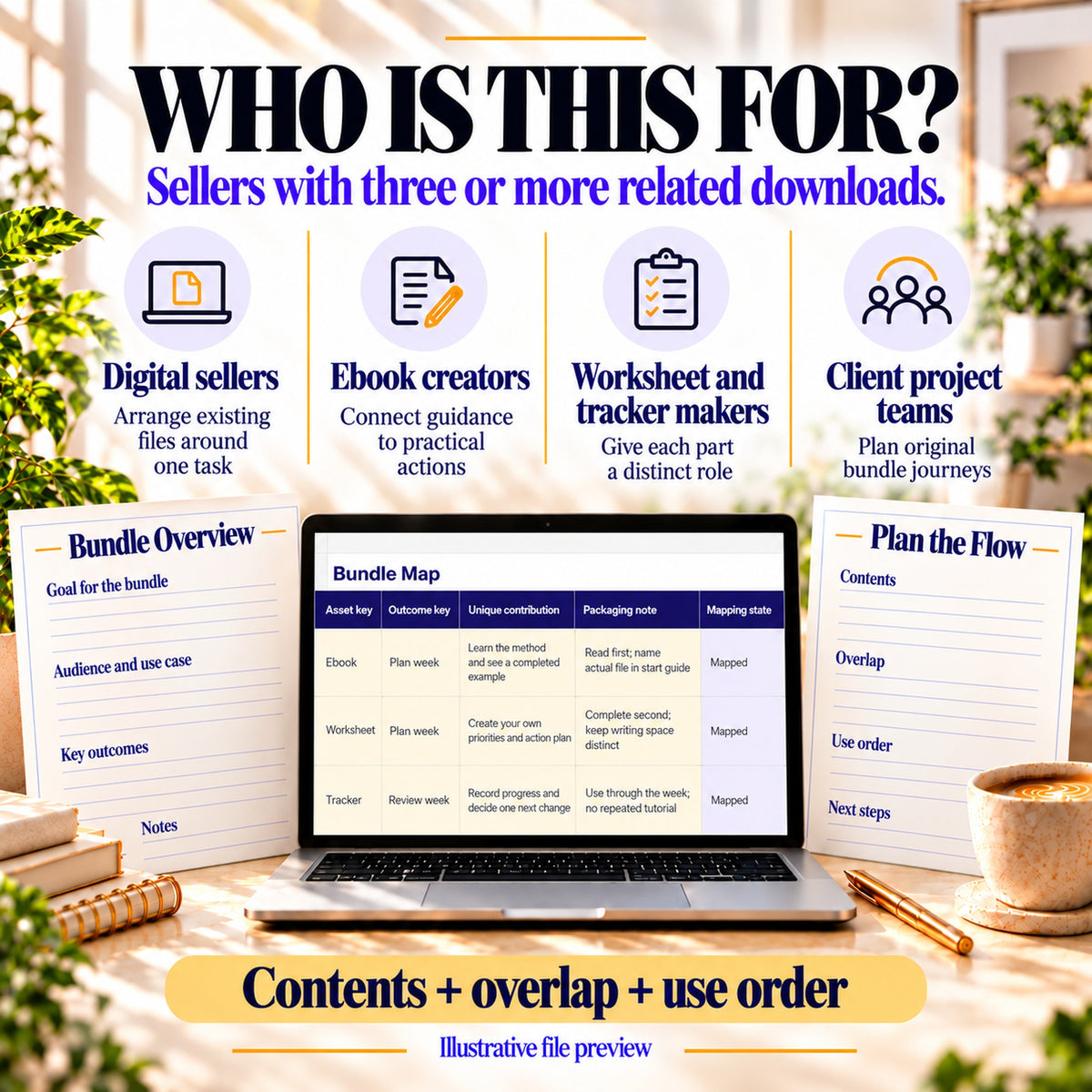 Bundle planner for digital sellers, ebook creators and worksheet makers to organise related downloads