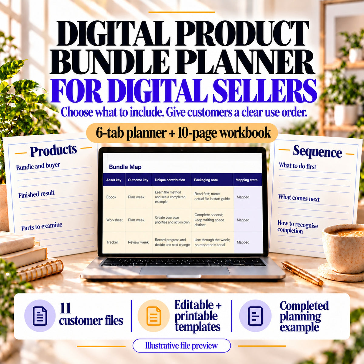 Digital product bundle planner for digital sellers to organise bundle contents and explain the customer use order