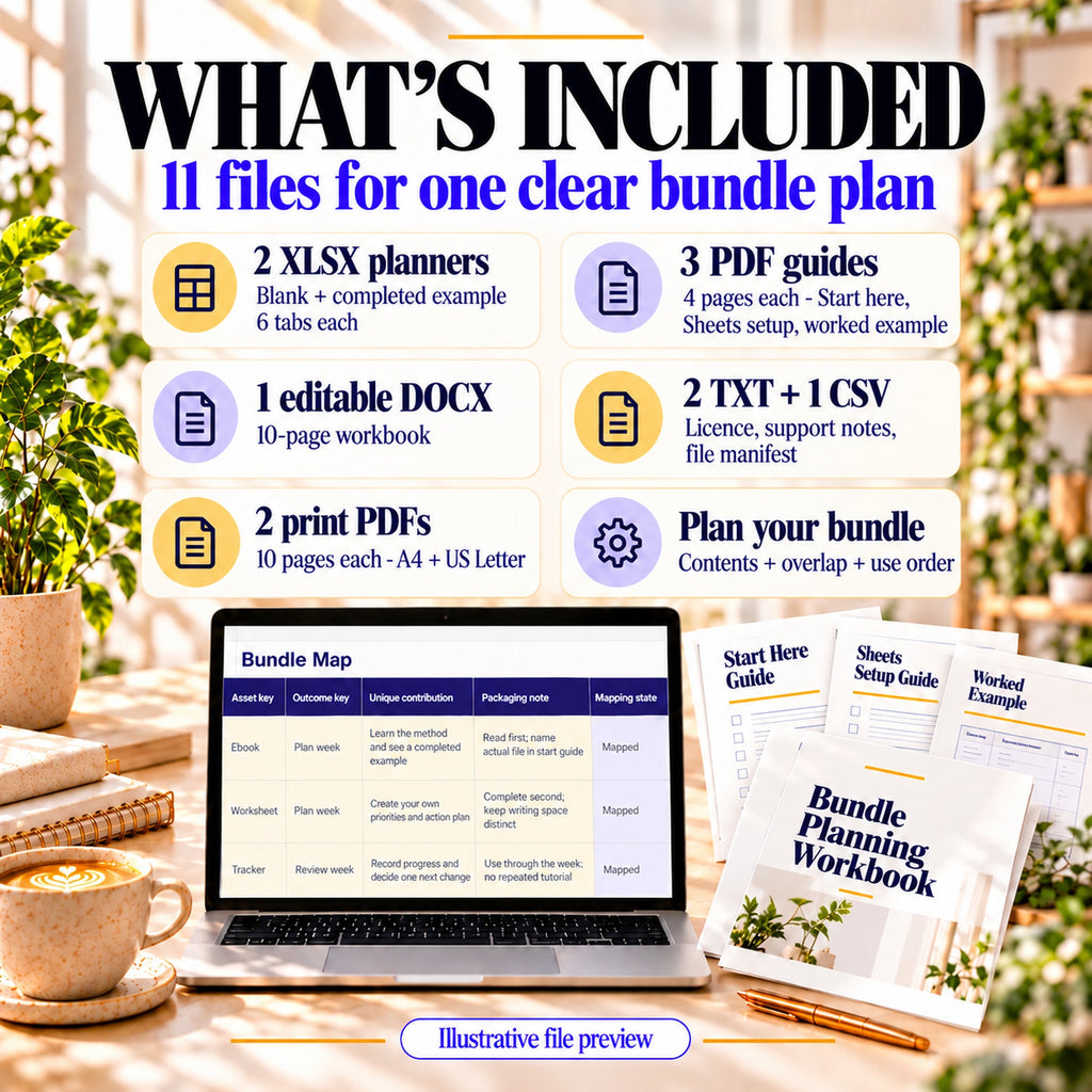 Eleven editable and printable files to plan digital product bundle contents, review overlap and set the customer use order