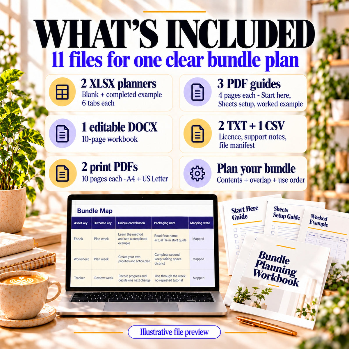 Eleven editable and printable files to plan digital product bundle contents, review overlap and set the customer use order